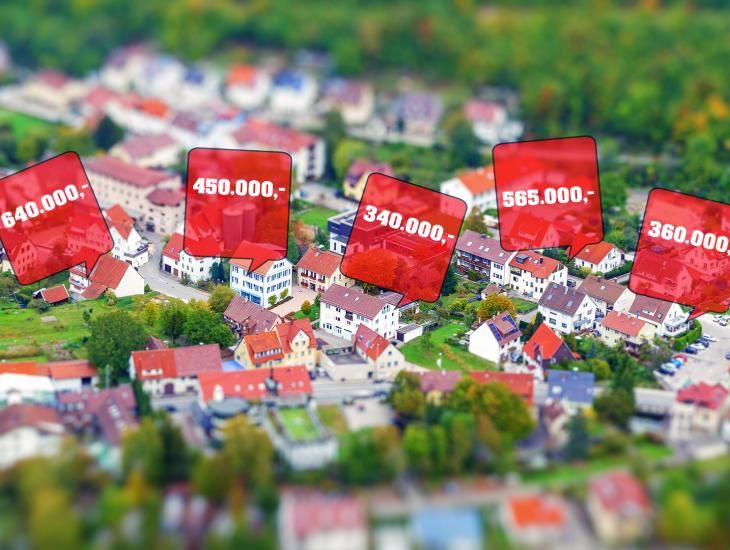Maquette met te koop staande huizen en de vraagprijs