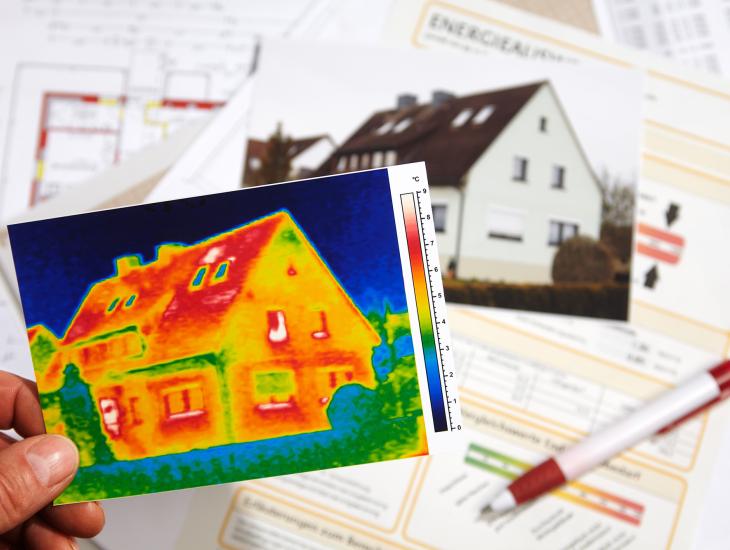 Het warmtebeeld van een huis met de foto van dat huis op de achtergrond