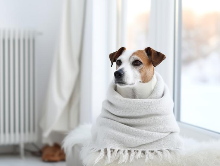 Een hondje, in een deken gewikkeld, zit bij de verwarming
