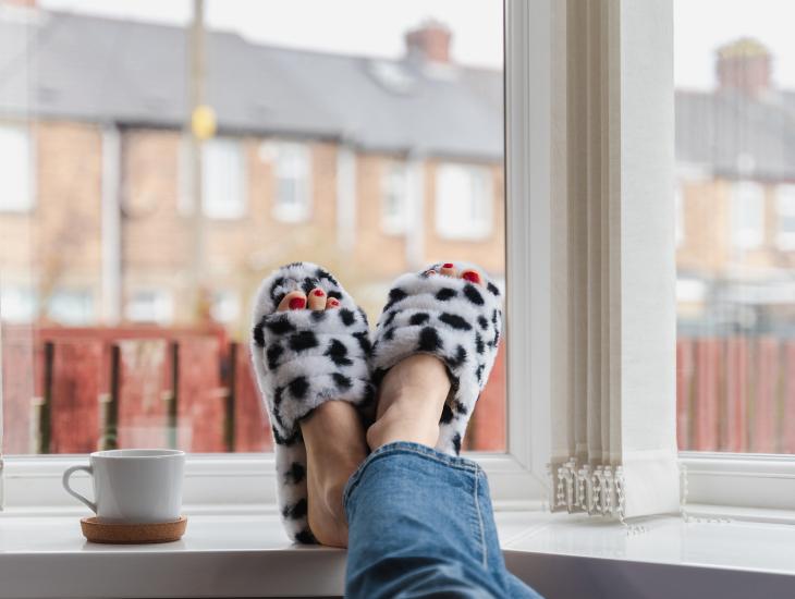 Twee voeten in pantoffels op de vensterbank, op de achtergrond zie je een rijtje huurhuizen.