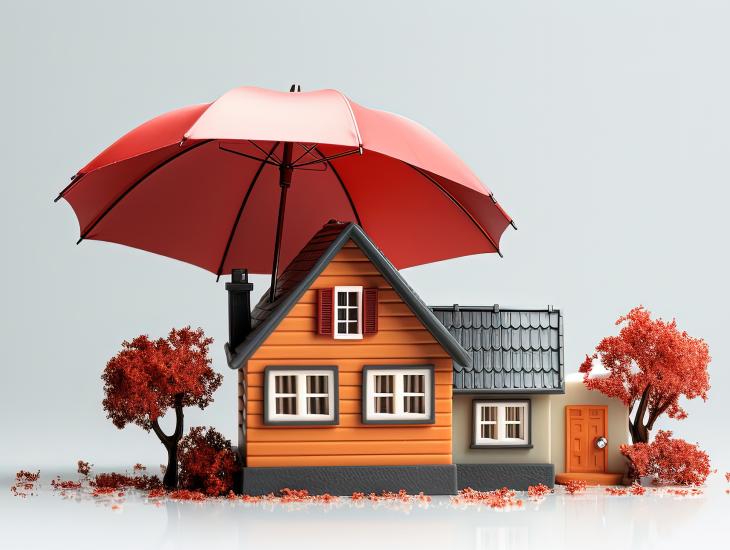 Een modelhuisje dat onder een paraplu staat.