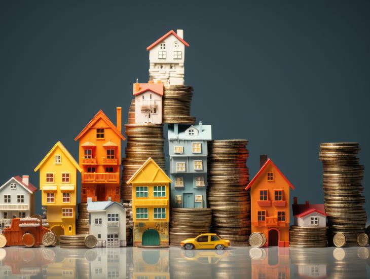 Een stapel die is gemaakt van modelhuisjes en euro-munten.