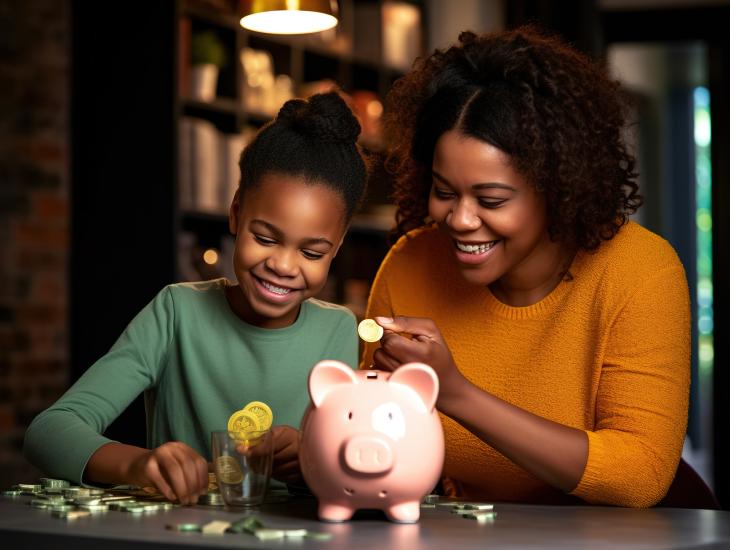 Moeder en dochter zitten aan de keukentafel, met daarop een spaarpot en muntgeld.