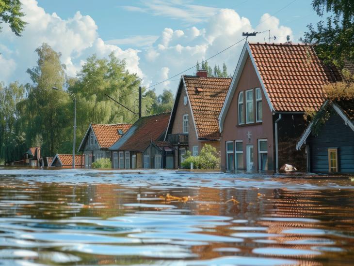 Een straat is overstroomd, het water staat tot halverwege de deuren. 