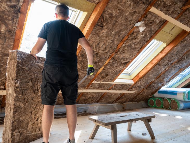 Een man is zijn dak aan het isoleren