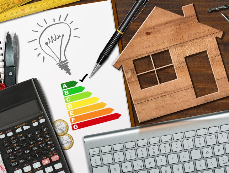 Tafel met rekenmachine, energietabel en huisje