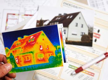 Het warmtebeeld van een huis met de foto van dat huis op de achtergrond