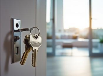 Een huissleutel zit in het slot van de openstaande deur van een woning, op de achtergrond zie je de woonkamer.