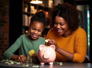Moeder en dochter zitten aan de keukentafel, met daarop een spaarpot en muntgeld.