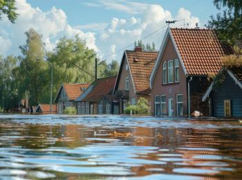 Een straat is overstroomd, het water staat tot halverwege de deuren. 