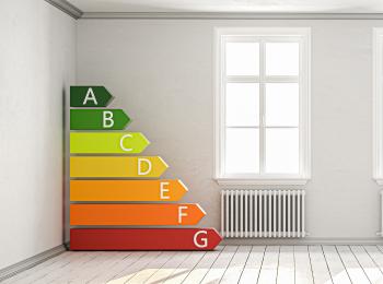 In een witte huiskamers liggen de energielabels A t/m G opgestapeld.